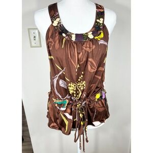 Y2K VTG Blumarine Silk Babydoll Top Women's Designer Brown‎ Floral Beaded Fairy
